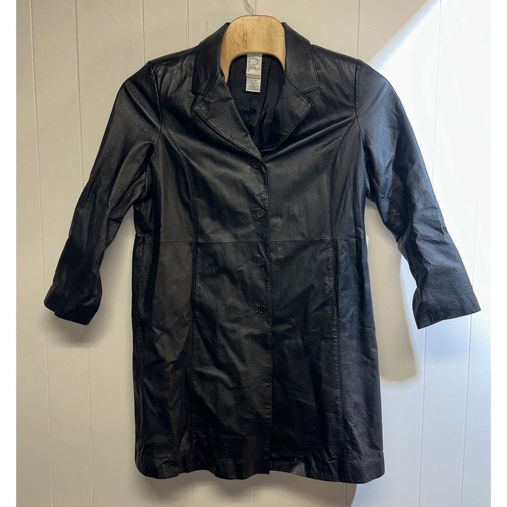 Roamans Womens Black Genuine Leather Trench Coat Button Front Mid Length 0298984
